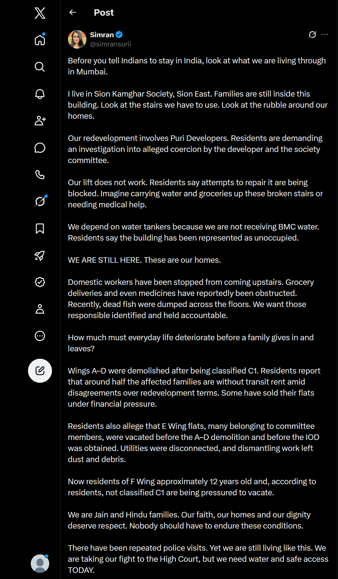 Screenshot of Simran Suri's public X post describing residents' reported living conditions at Sion Kamghar Society in Sion East, Mumbai.