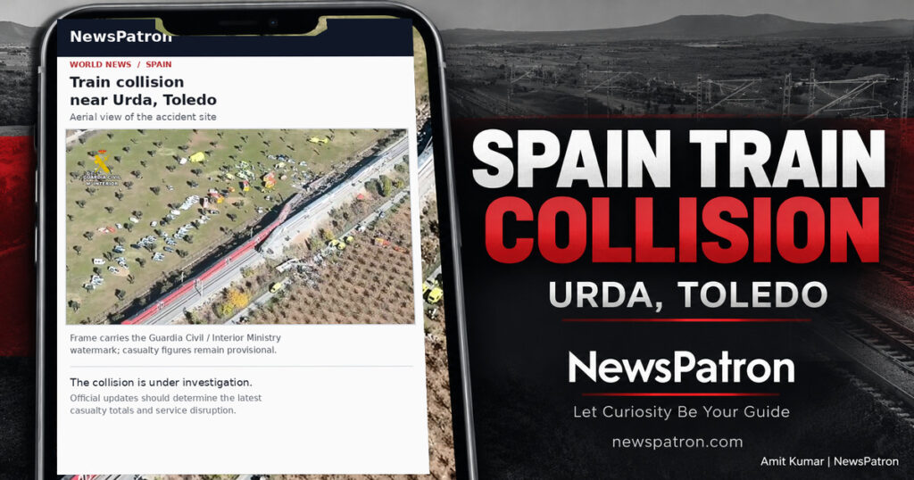 NewsPatron mobile-viewport graphic showing a supplied aerial frame of the train collision near Urda, Toledo, with the Guardia Civil / Interior Ministry watermark visible.